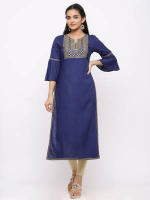 Women's  Navy Blue Rayon Slub Embroidered Straight Kurta 1