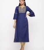 Women's  Navy Blue Rayon Slub Embroidered Straight Kurta