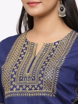 Women's  Navy Blue Rayon Slub Embroidered Straight Kurta 2