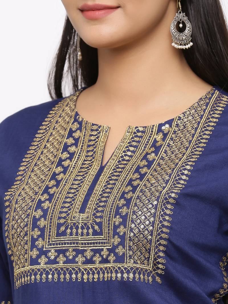 Women's  Navy Blue Rayon Slub Embroidered Straight Kurta