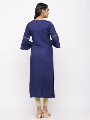 Women's  Navy Blue Rayon Slub Embroidered Straight Kurta 3