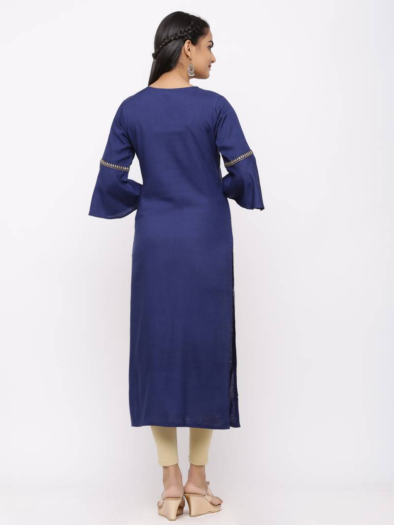 Women's  Navy Blue Rayon Slub Embroidered Straight Kurta