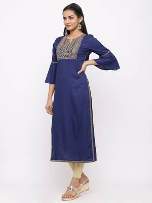 Women's  Navy Blue Rayon Slub Embroidered Straight Kurta 4