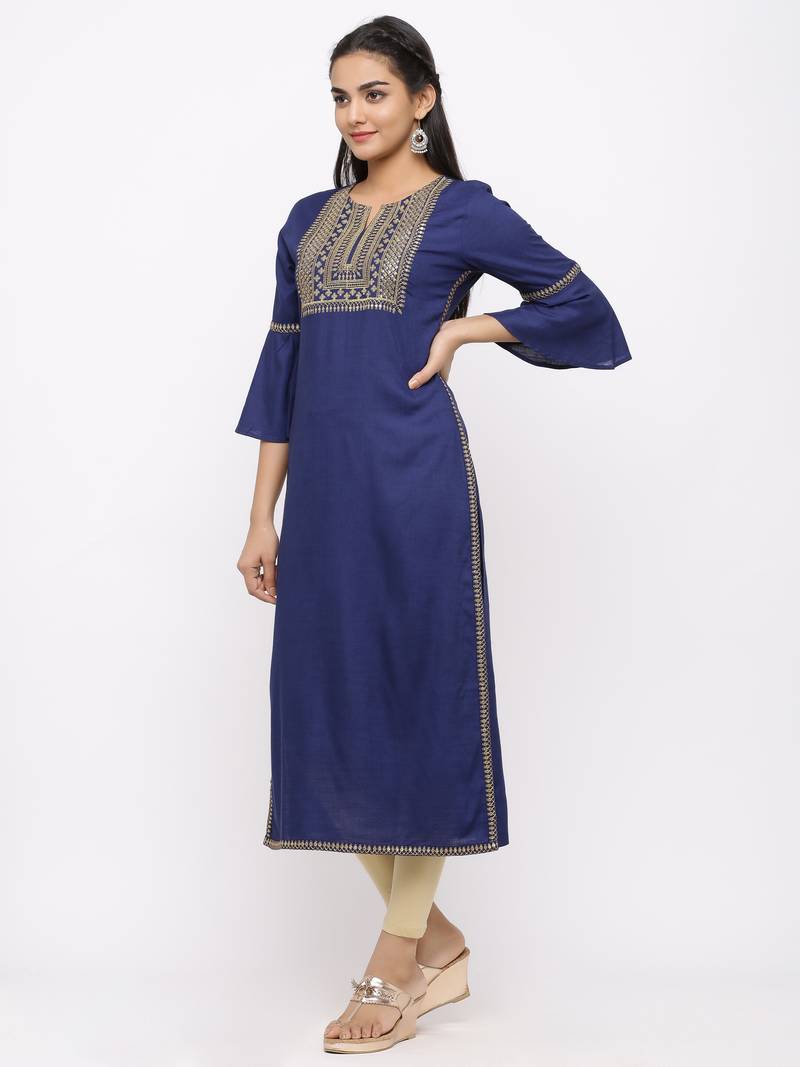 Women's  Navy Blue Rayon Slub Embroidered Straight Kurta