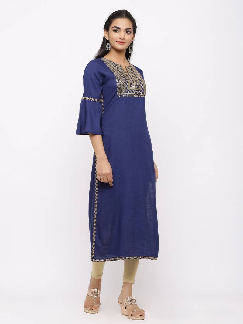 Women's  Navy Blue Rayon Slub Embroidered Straight Kurta