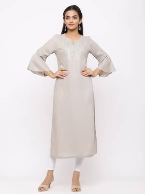 Women's  Light Grey Rayon Slub Embroidered Straight Kurta 1