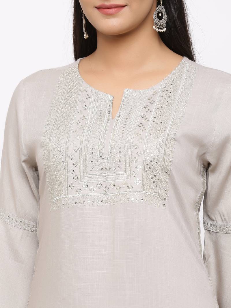 Women's  Light Grey Rayon Slub Embroidered Straight Kurta