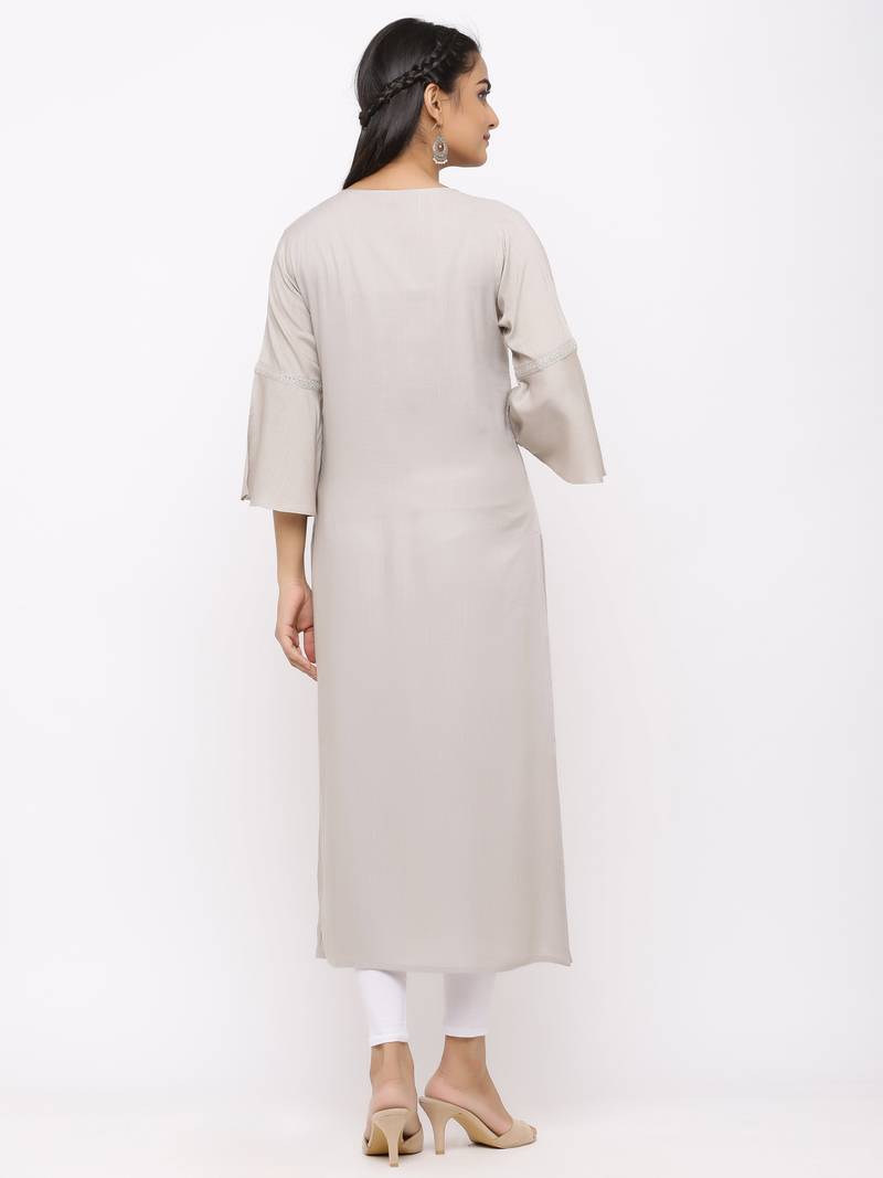 Women's  Light Grey Rayon Slub Embroidered Straight Kurta