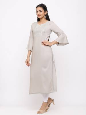 Women's  Light Grey Rayon Slub Embroidered Straight Kurta 4