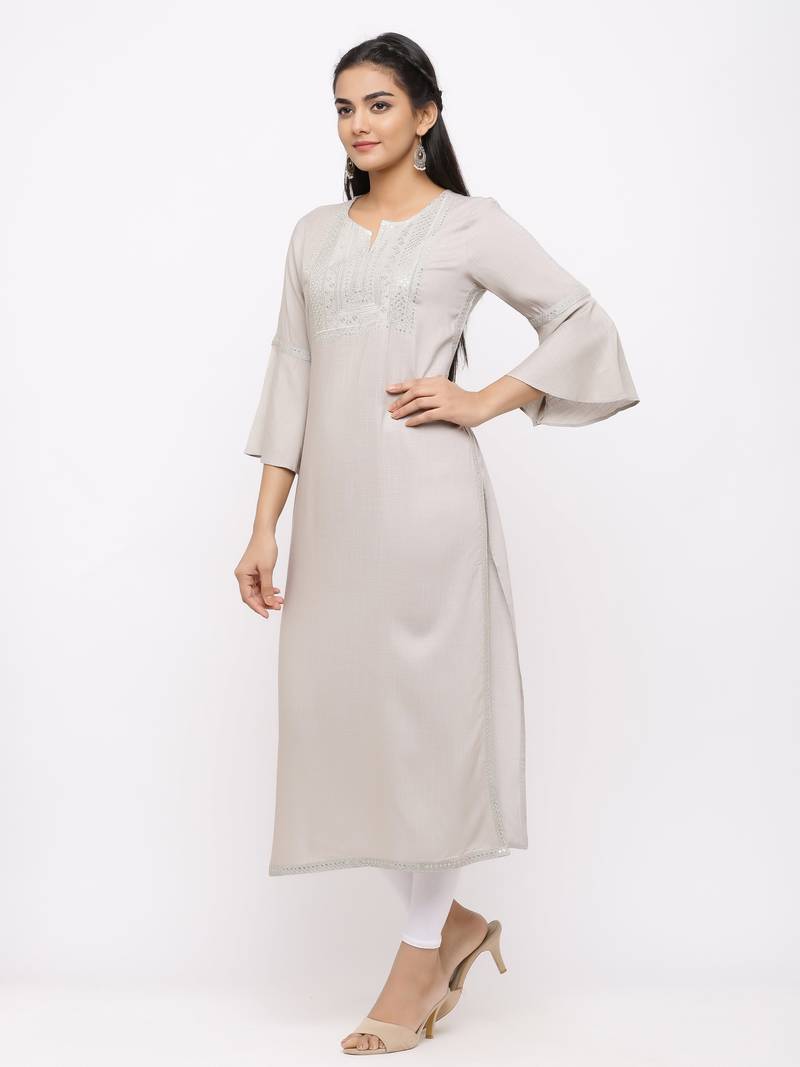 Women's  Light Grey Rayon Slub Embroidered Straight Kurta
