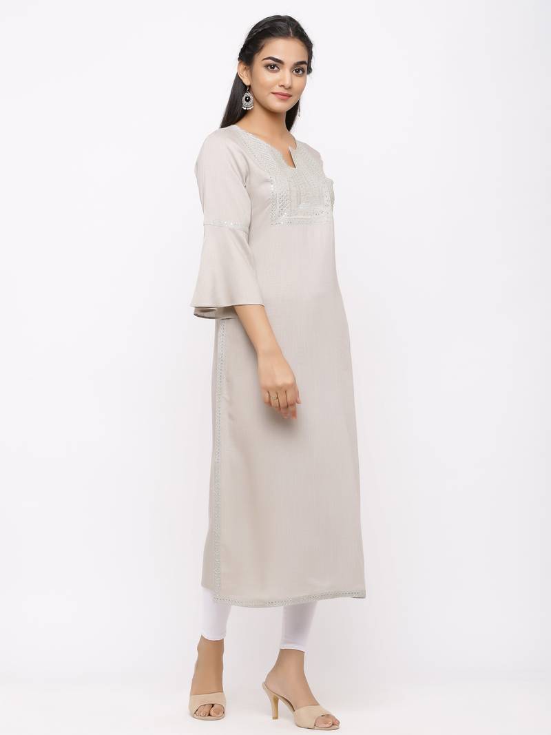 Women's  Light Grey Rayon Slub Embroidered Straight Kurta