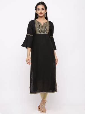 Women's  Black Rayon Slub Embroidered Straight Kurta 1