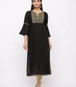 Women's  Black Rayon Slub Embroidered Straight Kurta