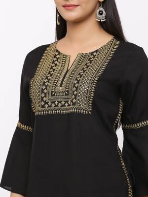 Women's  Black Rayon Slub Embroidered Straight Kurta 2