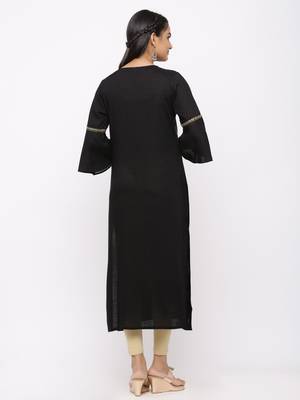 Women's  Black Rayon Slub Embroidered Straight Kurta 3