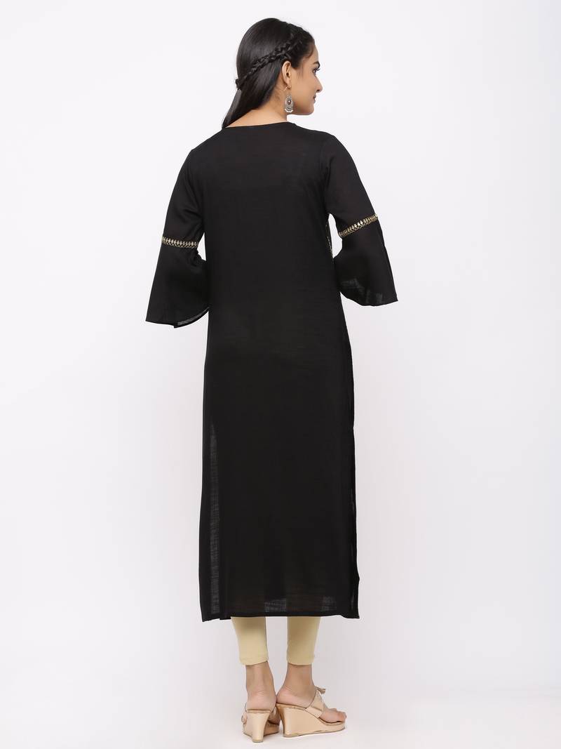 Women's  Black Rayon Slub Embroidered Straight Kurta