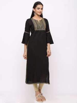 Women's  Black Rayon Slub Embroidered Straight Kurta 4
