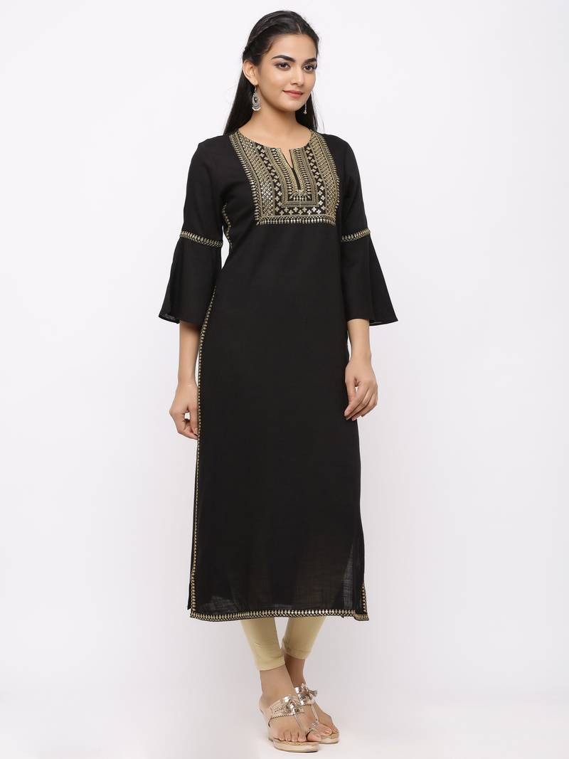 Women's  Black Rayon Slub Embroidered Straight Kurta