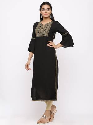 Women's  Black Rayon Slub Embroidered Straight Kurta 5