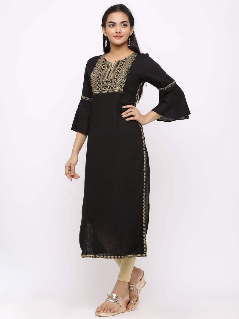 Women's  Black Rayon Slub Embroidered Straight Kurta