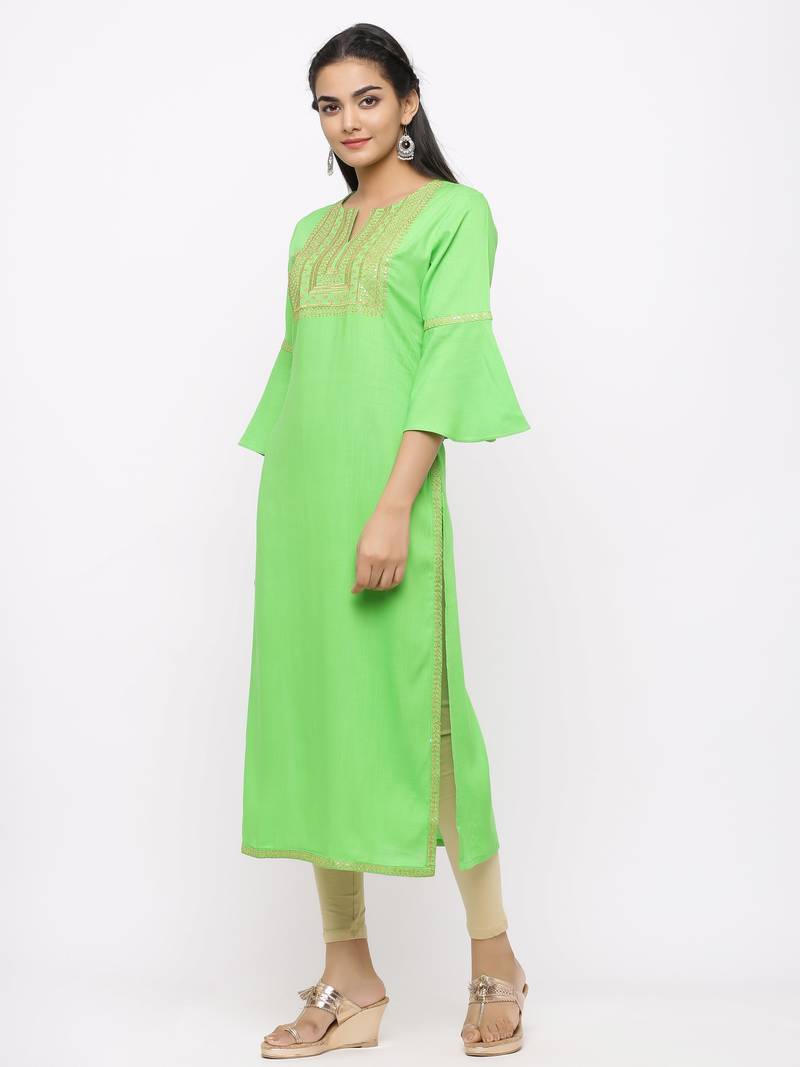 Women's Parrot Green Rayon Slub Embroidered Straight Kurta - CHARU ...