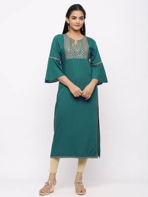 Women's  Teal Green Rayon Slub Embroidered Straight Kurta 1