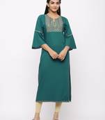 Women's  Teal Green Rayon Slub Embroidered Straight Kurta