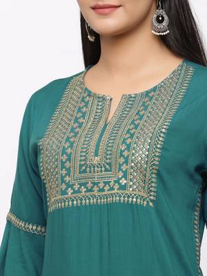 Women's  Teal Green Rayon Slub Embroidered Straight Kurta 2