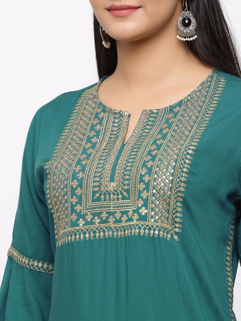 Women's  Teal Green Rayon Slub Embroidered Straight Kurta