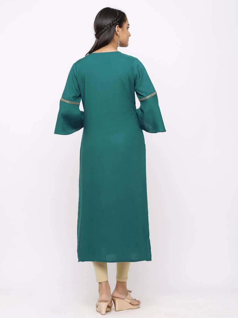 Women's  Teal Green Rayon Slub Embroidered Straight Kurta