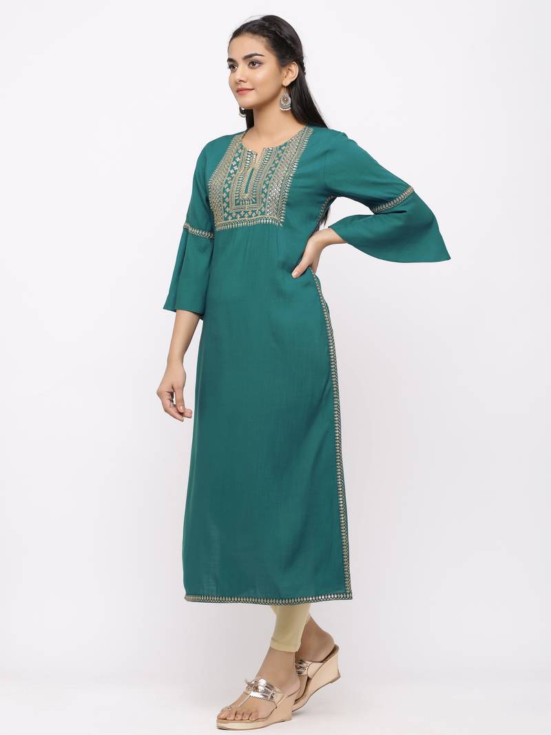 Women's  Teal Green Rayon Slub Embroidered Straight Kurta