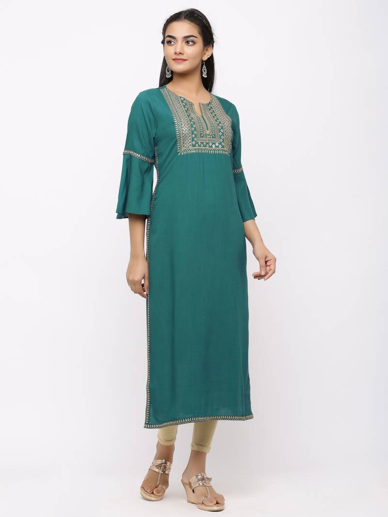 Women's  Teal Green Rayon Slub Embroidered Straight Kurta