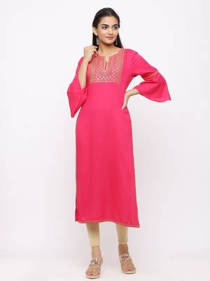 Women's  Fushia Rayon Slub Embroidered Straight Kurta 1
