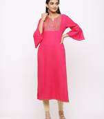 Women's  Fushia Rayon Slub Embroidered Straight Kurta