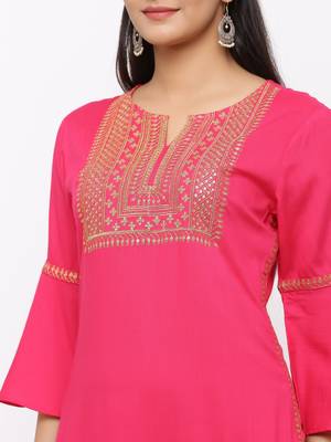 Women's  Fushia Rayon Slub Embroidered Straight Kurta 2