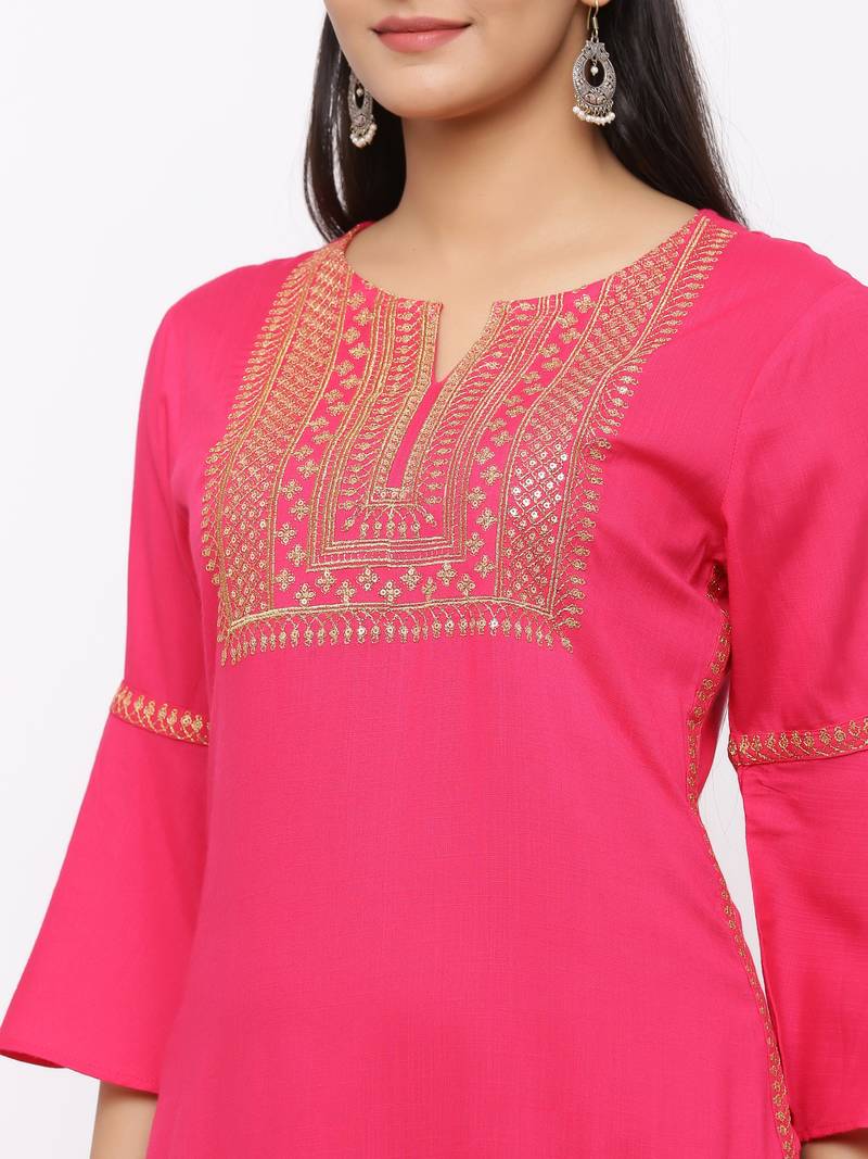 Women's  Fushia Rayon Slub Embroidered Straight Kurta