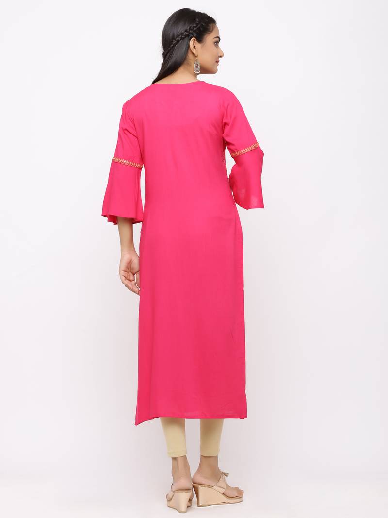 Women's  Fushia Rayon Slub Embroidered Straight Kurta