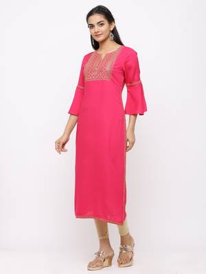 Women's  Fushia Rayon Slub Embroidered Straight Kurta 4