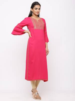 Women's  Fushia Rayon Slub Embroidered Straight Kurta 5