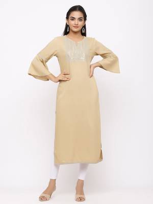 Women's  Beige Rayon Slub Embroidered Straight Kurta 1