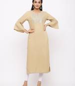 Women's  Beige Rayon Slub Embroidered Straight Kurta