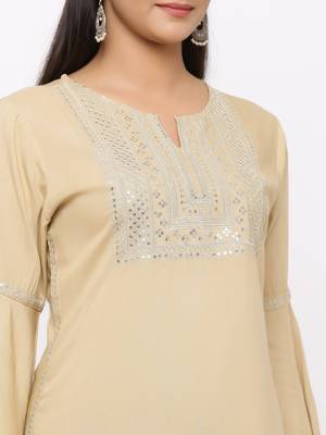Women's  Beige Rayon Slub Embroidered Straight Kurta 2