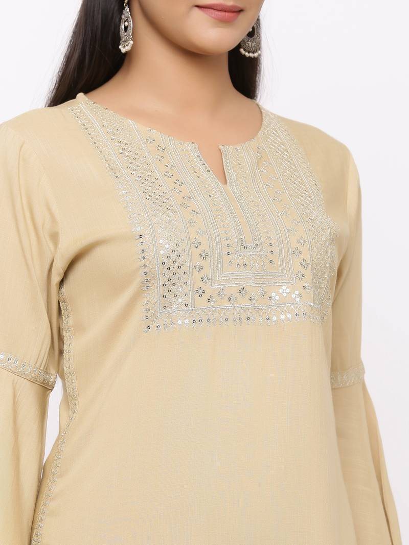 Women's  Beige Rayon Slub Embroidered Straight Kurta