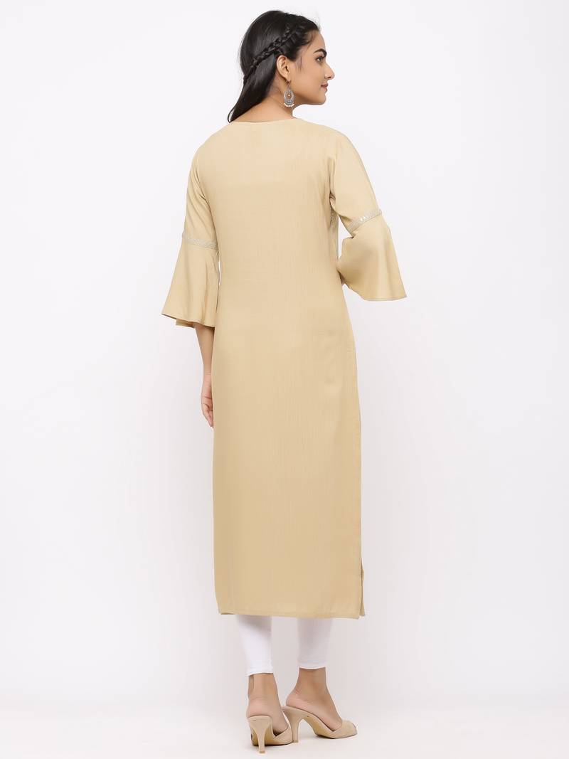 Women's  Beige Rayon Slub Embroidered Straight Kurta