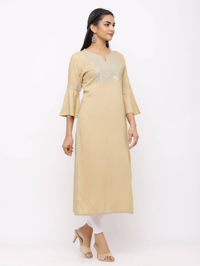 Women's  Beige Rayon Slub Embroidered Straight Kurta
