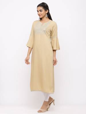 Women's  Beige Rayon Slub Embroidered Straight Kurta 5