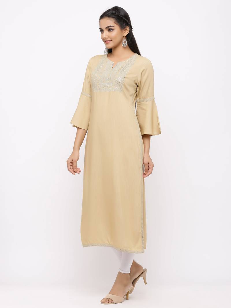 Women's  Beige Rayon Slub Embroidered Straight Kurta