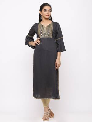 Women's  Dark Grey Rayon Slub Embroidered Straight Kurta 1
