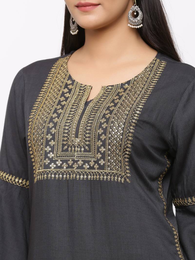 Women's  Dark Grey Rayon Slub Embroidered Straight Kurta