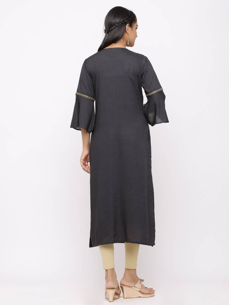 Women's  Dark Grey Rayon Slub Embroidered Straight Kurta